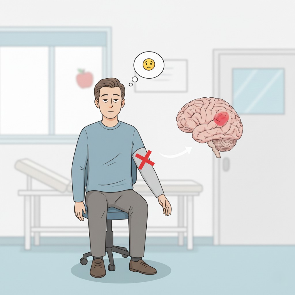 Patient demonstrating lack of concern for a paralyzed limb