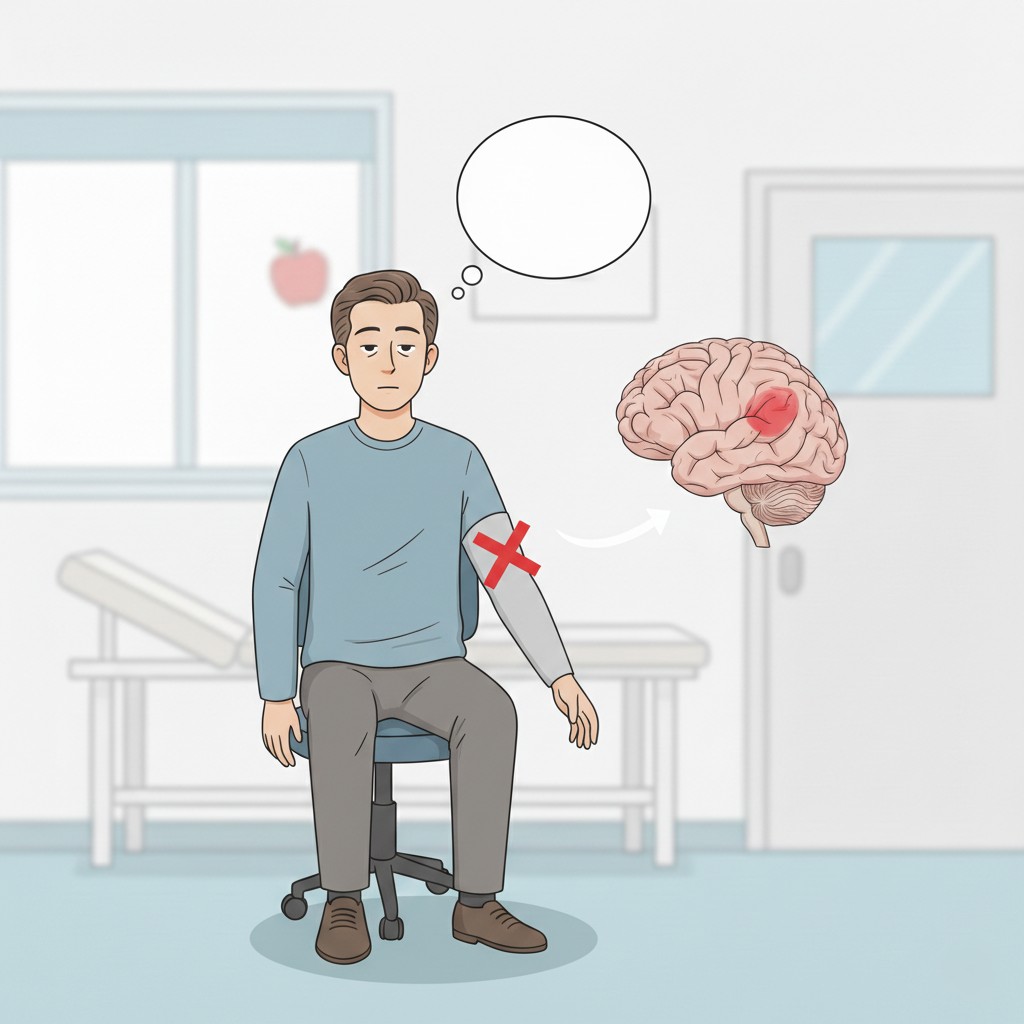 Patient demonstrating unawareness of left-sided hemiplegia