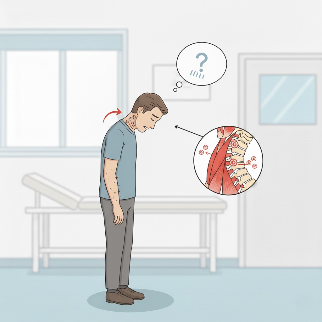 Patient exhibiting antecollis with forward neck flexion