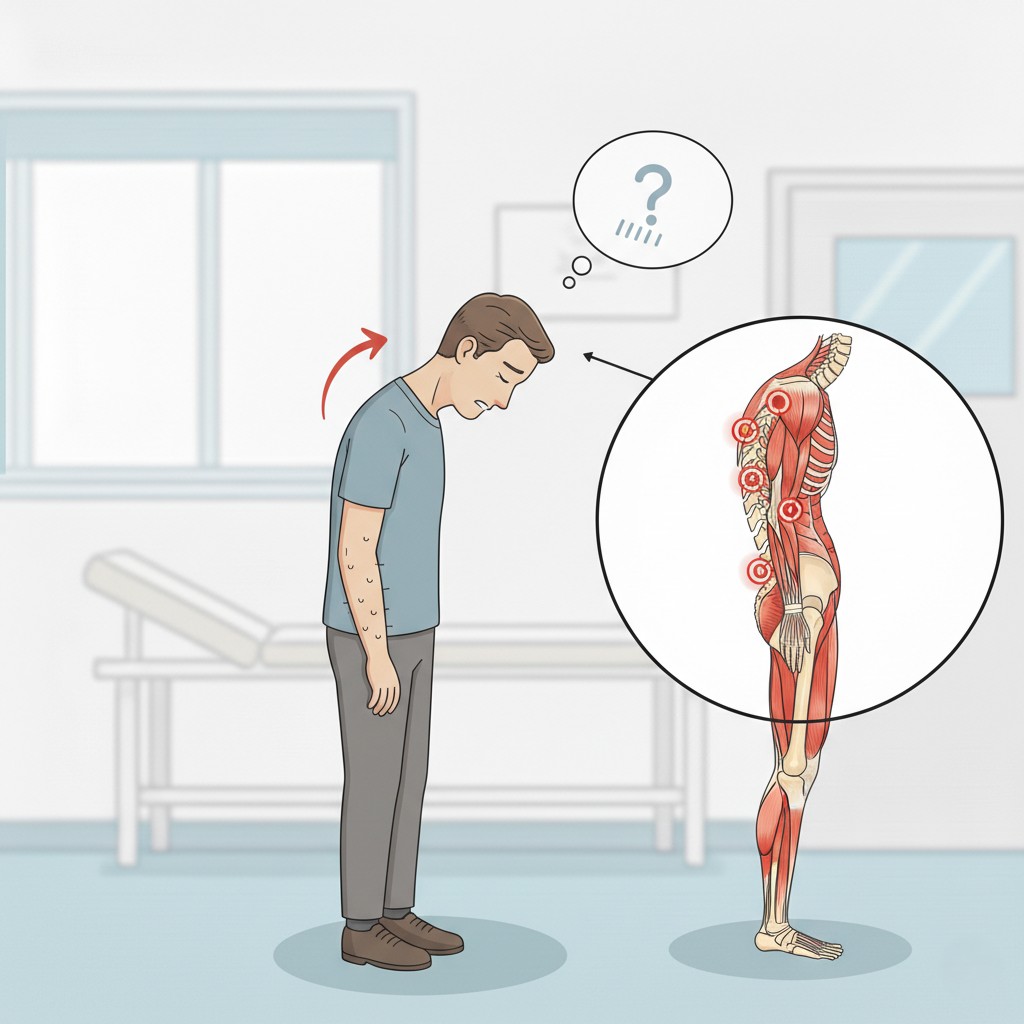 Patient demonstrating anteflexion with a stooped posture
