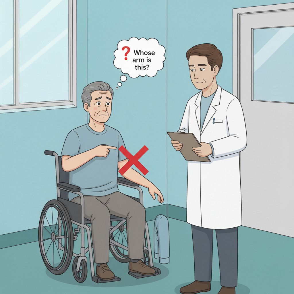 Patient demonstrating asomatognosia of the left arm