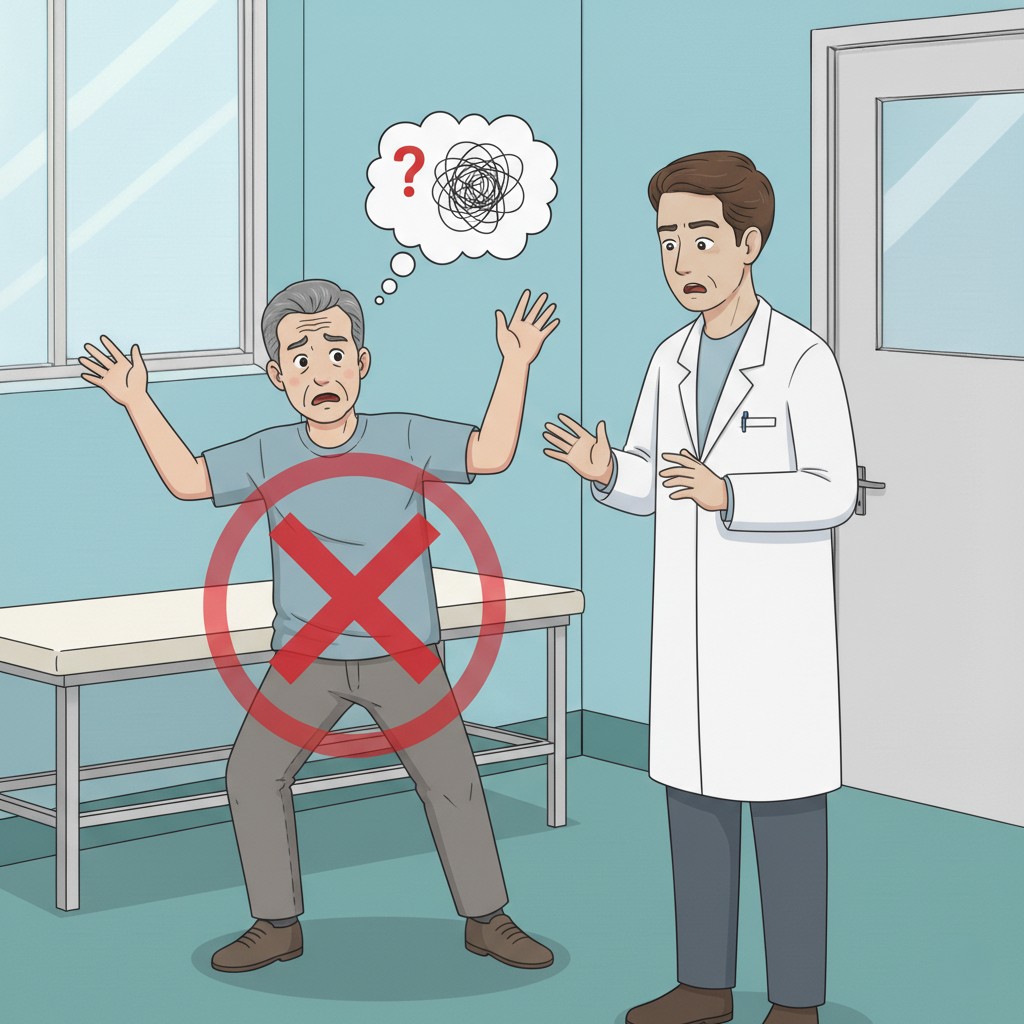 Patient exhibiting severe difficulty with standing and walking