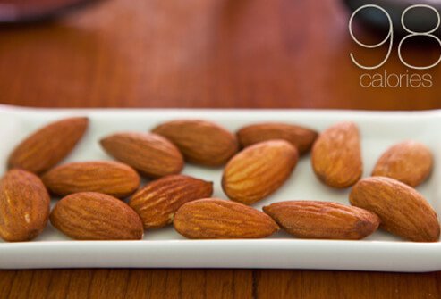 A dish with 14 almonds.
