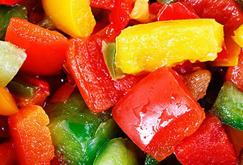 Photo of colorful chopped bell peppers.