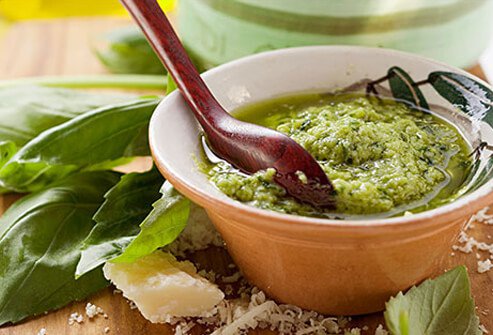Photo of pesto sauce in a bowl.