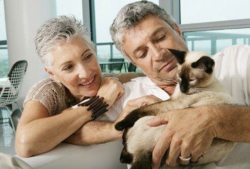A couple sitting with their cat