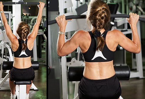 For the last upper body exercise, do the cable pull down, which works the upper back.