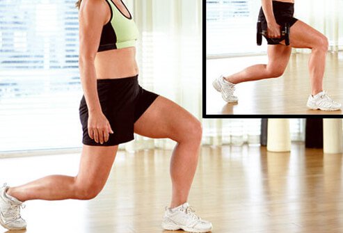 Standing with feet hip–width apart, take a big step forward with one leg, then lower your body toward the floor, front knee aligned with ankle, back knee pointing to the floor.