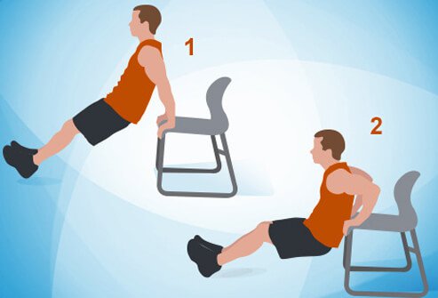 Ease off the chair, supporting your weight with your heels and your palms.