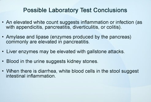 Blood in urine or stool, elevated pancreatic enzymes, and elevated white count may help diagnose the cause of abdominal pain.