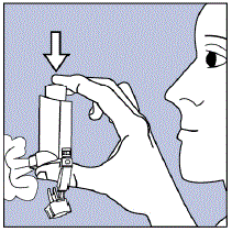 Spray the inhaler 1 time into the air away from your face - Illustration