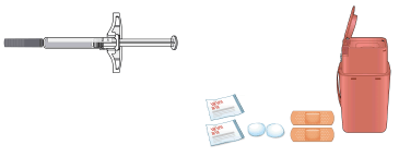 Alcohol wipes, Cotton balls or gauze pads, adhesive bandages and Sharps disposal container - Illustration - Illustration