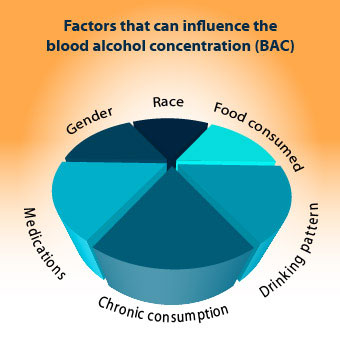 An infographic chart shows the factors that can influence blood alcohol concentration (BAC) levels.