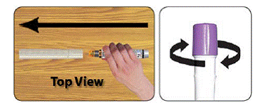 Tilt up the open end of the storage and disposal case and screw on the purple cap - Illustration