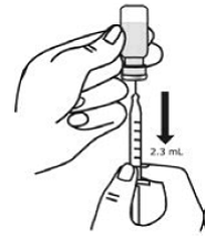 Hold the syringe upright at eye level. With the needle cover still on the 18-gauge needle, pull back the plunger to the 2.3 mL mark to fill the syringe with air - Illustration