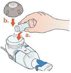 Open the vial and pour the ARIKAYCE into the Medication Reservoir and Attach the Medication Cap - Illustration