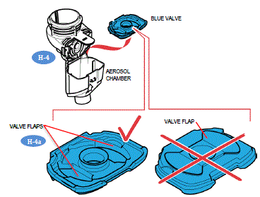 Insert the Blue Valve on top of the Aerosol Chamber and 2 valve flaps are positioned down - Illustration