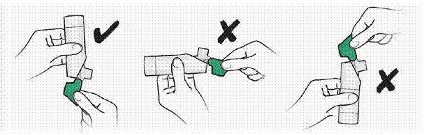 For correct use of ARMONAIR DIGIHALER, hold the inhaler upright as you open the green cap - Illustration