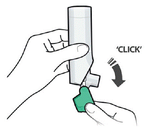 Hold the inhaler upright and open the green cap all the way back until it “clicks” - Illustration