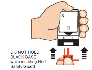 As with the real AUVI-Q, if practicing with a young
child or infant, hold the leg firmly in place while using the TRAINER for
AUVI-Q - Illustration