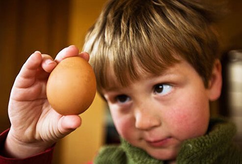 Photo of a boy examining an egg.