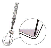 To withdraw the liquid, hold the vial slightly inclined
and slowly withdraw all the liquid from the vial and filter needle - Illustration