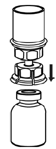 With the BERINERT vial placed firmly on a flat
surface, invert the diluent vial with the Mix2Vial transfer set attached and
push the plastic spike of the transparent adapter firmly through the center of the
stopper of the BERINERT vial - Illustration