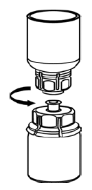 With one hand, grasp the BERINERT-side of the Mix2Vial
transfer set and with the other hand grasp the blue diluent-side of the
Mix2Vial transfer set and unscrew the set into two pieces - Illustration