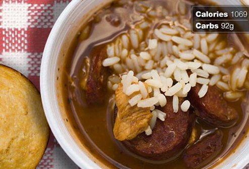 Photo of gumbo and rice.