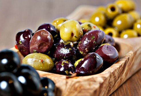 Olives are high in healthy monounsaturated fat and vitamin E.