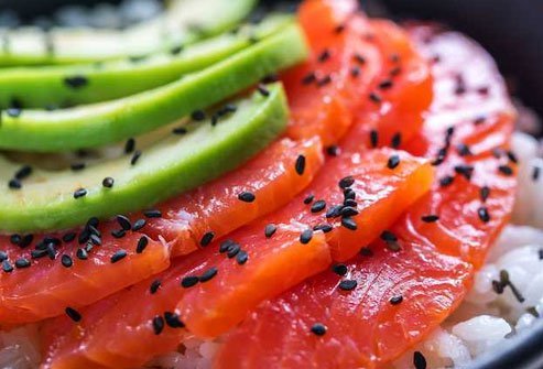 One of the foods highest in omega-3 fatty acids, salmon is a great choice on top of a bit of hand-pressed rice.