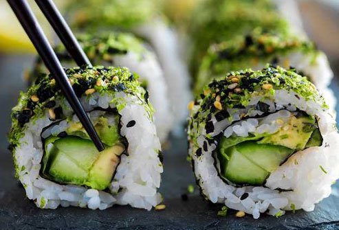 Many popular sushi rolls incorporate avocado, often with fish and vegetables but sometimes alone with the rice.