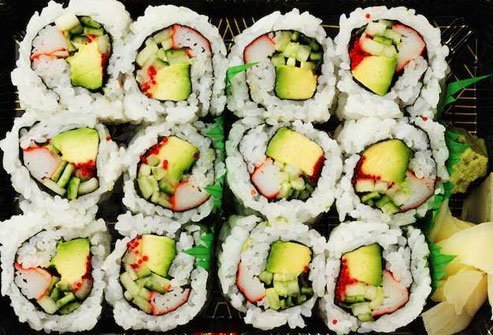 A classic in sushi, the California roll includes rice, nori, avocado, cucumber, and krab.