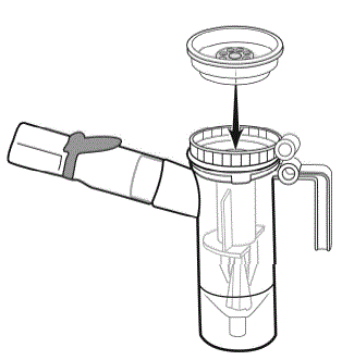 Firmly push the Inspiratory Valve Cap straight down onto the Nebulizer Cup Top (See Figure I). The
Inspiratory Valve Cap should fit tightly. - Illustration