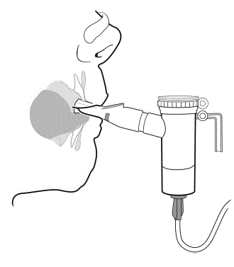 Sit or stand in a comfortable, upright position that will let you breathe normally. Place the Mouthpiece between your teeth and on top of your tongue and breathe normally only through your mouth - Illustration