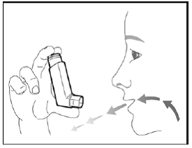 Hold the inhaler with the mouthpiece
pointing towards you and breathe out as fully as you comfortably can through your mouth  - Illustration