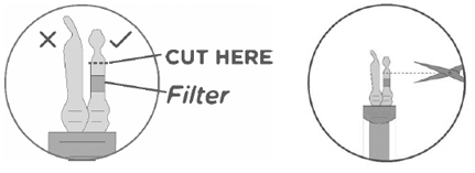 Keeping the vial(s) upright, cut the seal on the tubing line on the top of the vial immediately above the filter to open the air vent on the vial. - Illustration