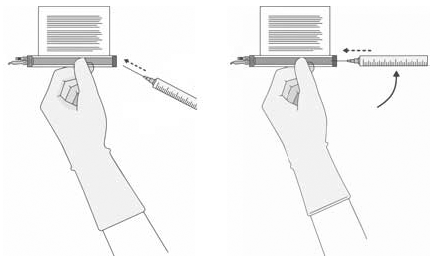 Insert the needle into the septum at a 45°- 60° angle to puncture the retrieval port septum. Increase the angle of the needle gradually as the needle enters the vial. - Illustration