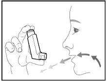 Hold the inhaler with the mouthpiece pointing towards you and breathe out as fully as you can through your mouth - Illustration