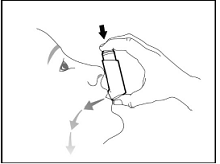 While breathing in deeply and slowly,
press down on the center of the dose indicator until the canister stops moving
in the actuator and a puff of medicine has been released  - Illustration