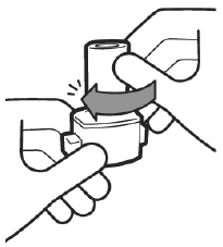 Hold inhaler upright and turn the mouthpiece to the left until it locks in place. - Illustration