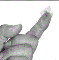 Hold the BUNAVAIL buccal film with clean, dry fingers with the text (BN2, BN4, or BN6) facing up - Illustration