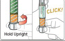 Screw the needle onto the Pen by pushing and twisting clockwise until it is tight - Illustration