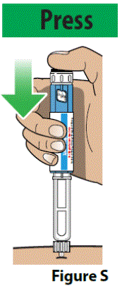 Deliver your dose by slowly
pressing the injection button all
the way down until it stops. The
number in the dose display
window will go back to “0” when
the injection is complete - Illustration