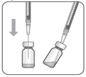 Withdraw all the liquid fromthe vial, keeping the vial in an upright position, slightly inclined to ease complete withdrawal - Illustration