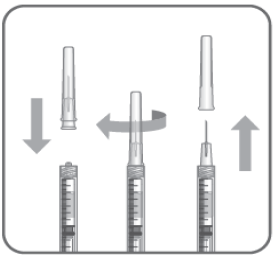 Attach a 30-gauge × 1/2-inch sterile injection needle firmly onto the syringe by screwing it tightly onto the Luer lock. Carefully remove the needle cap by pulling it straight off - Illustration