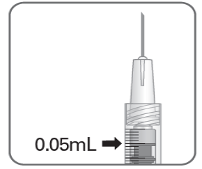Hold the syringe at eye level, and carefully push the plunger rod until the plunger tip is aligned with the line that marks 0.05 mL on the syringe - Illustration