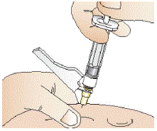 Right after your injection, move the needle safety shield over the needle until it clicks into place to activate the shield  - Illustration