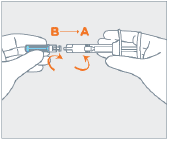 Attach the needle (B) to the end of the syringe (A) by pushing and turning the needle until firmly connected to the syringe - Illustration