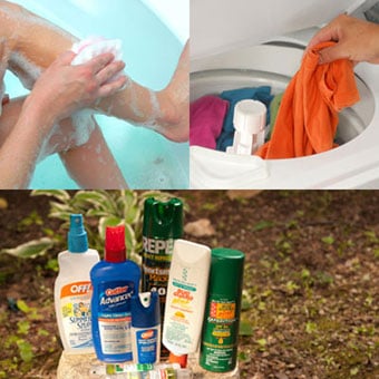 A person washing glegs with soap, washing clothes, and an array of insect repellent lotions and bug sprays.